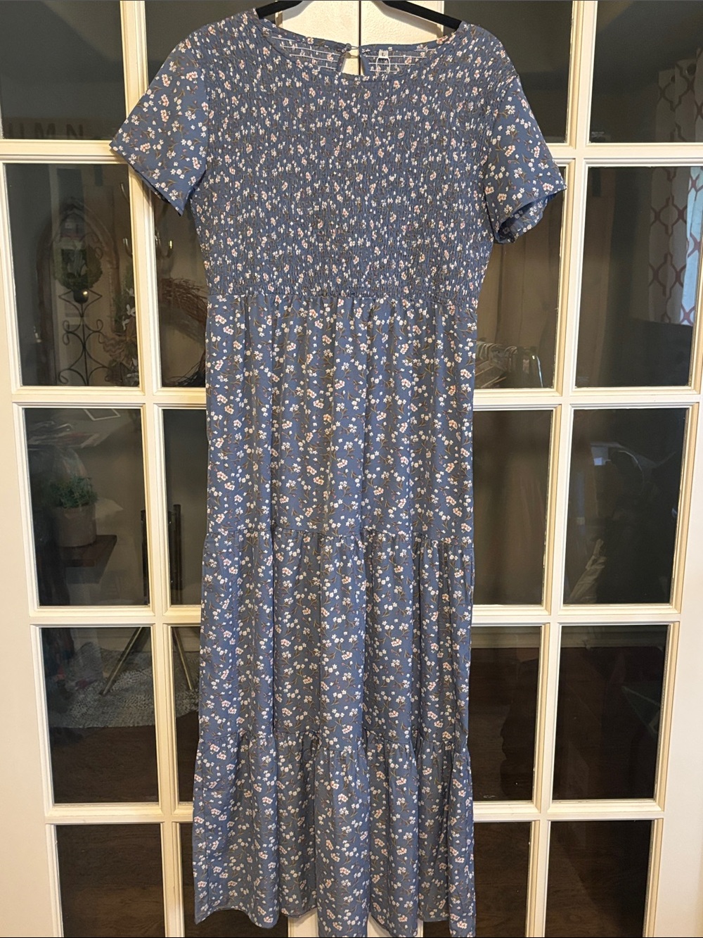 Smocked Blue Floral Short-Sleeve Maxi Dress